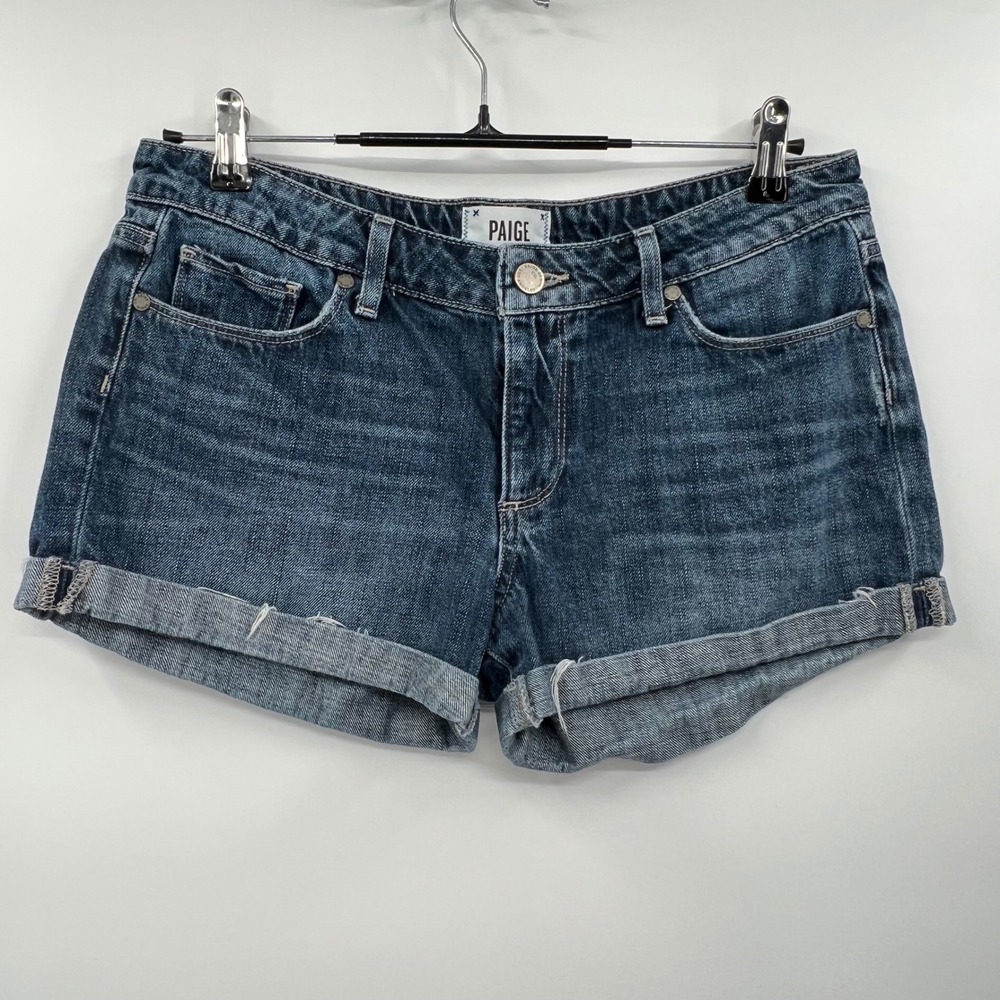 Paige Jimmy Jimmy Short Denim Boyfriend Shorts Dark Wash Blue Cuffed Size 28